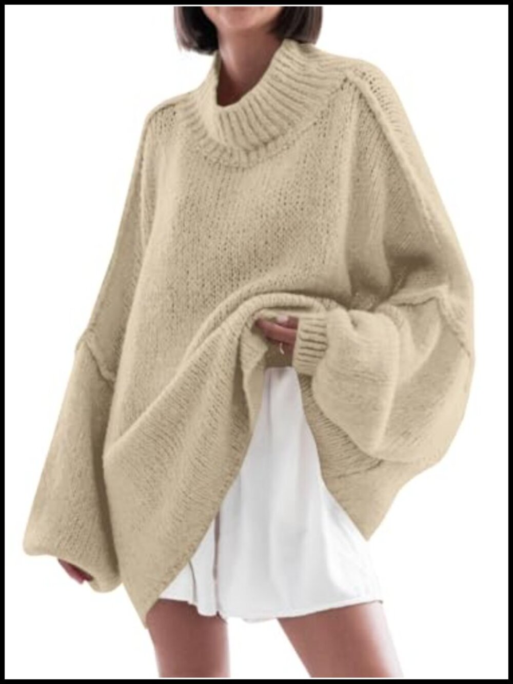 Oversized Mock Neck Batwing Sleeve Tunic Sweater Chunky Knit Pullover